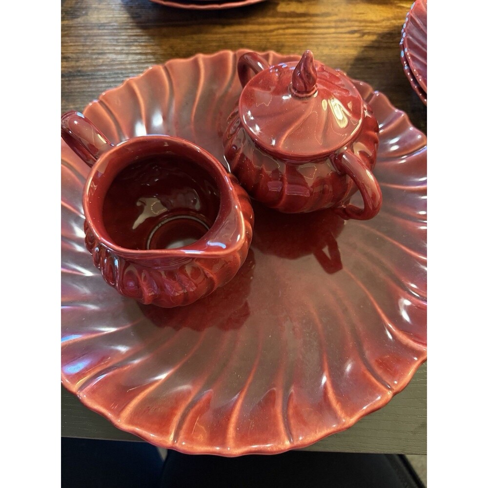1940s Franciscan Ware Coronado Burgundy Maroon Swirl 3 pc. Sugar and Creamer Set